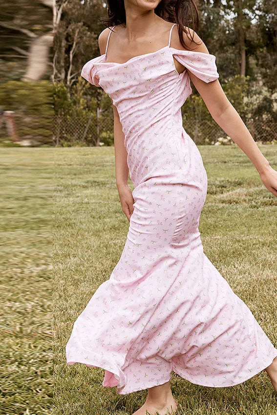 Pink Off Shoulder Printed Mermaid Long Dress