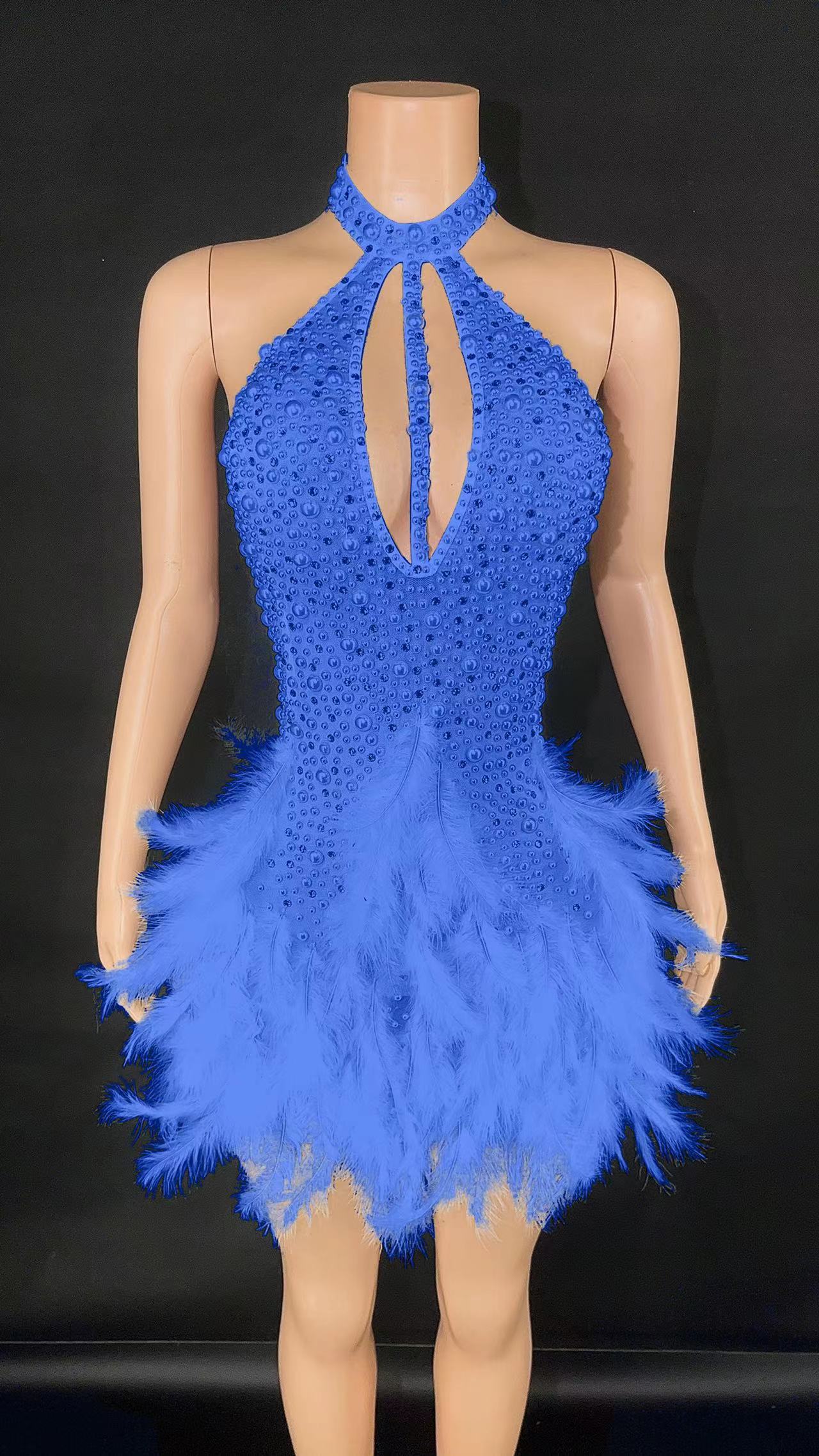 VCSHOES Sparkly Crystals Sleeveless Women Celebrate Birthday Evening Party Mini Dress Halter Backless Feathers Sheath Dress