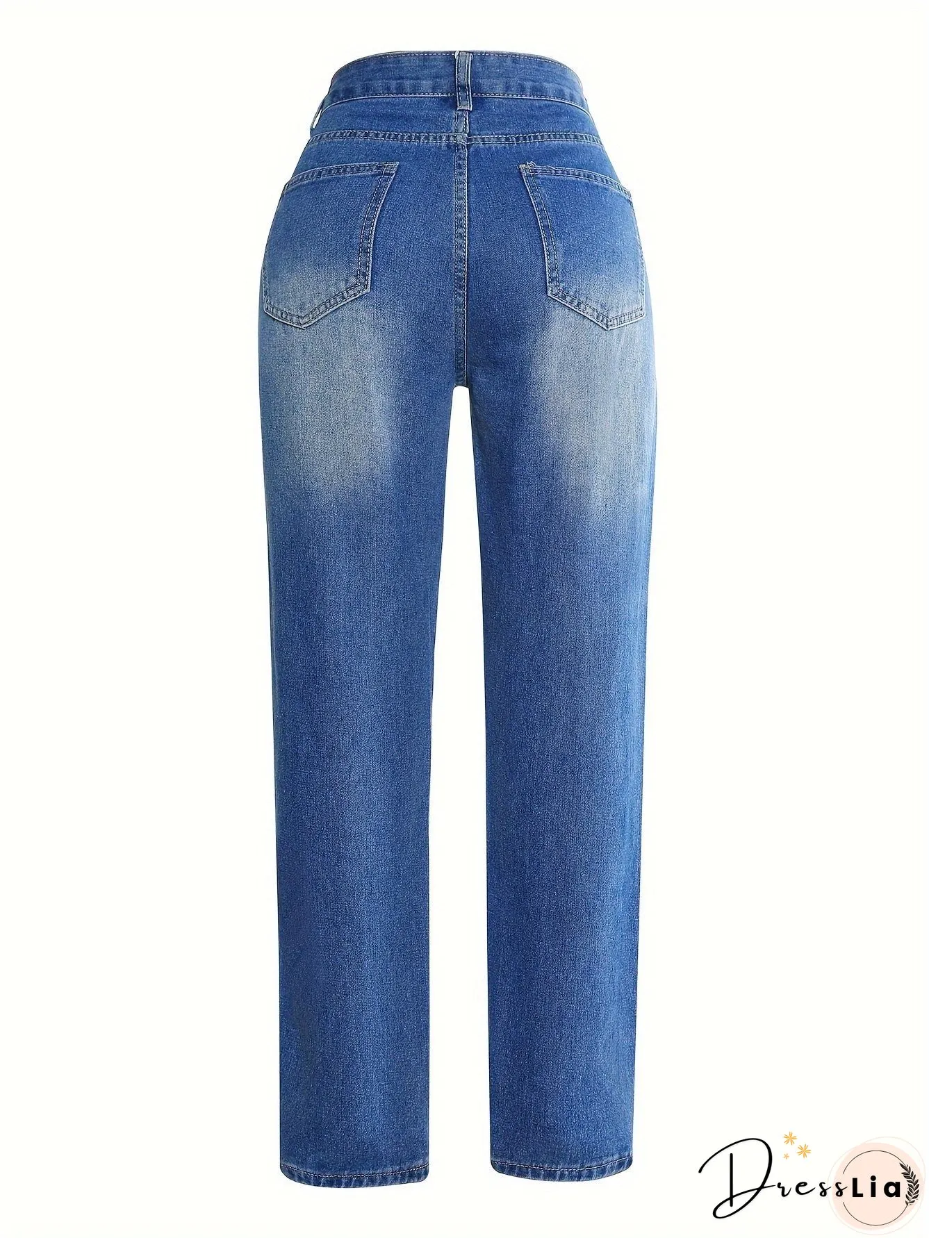 Blue Ripped Straight Jeans Slash Pockets High Waist Distressed Denim Pants Womens Clothing