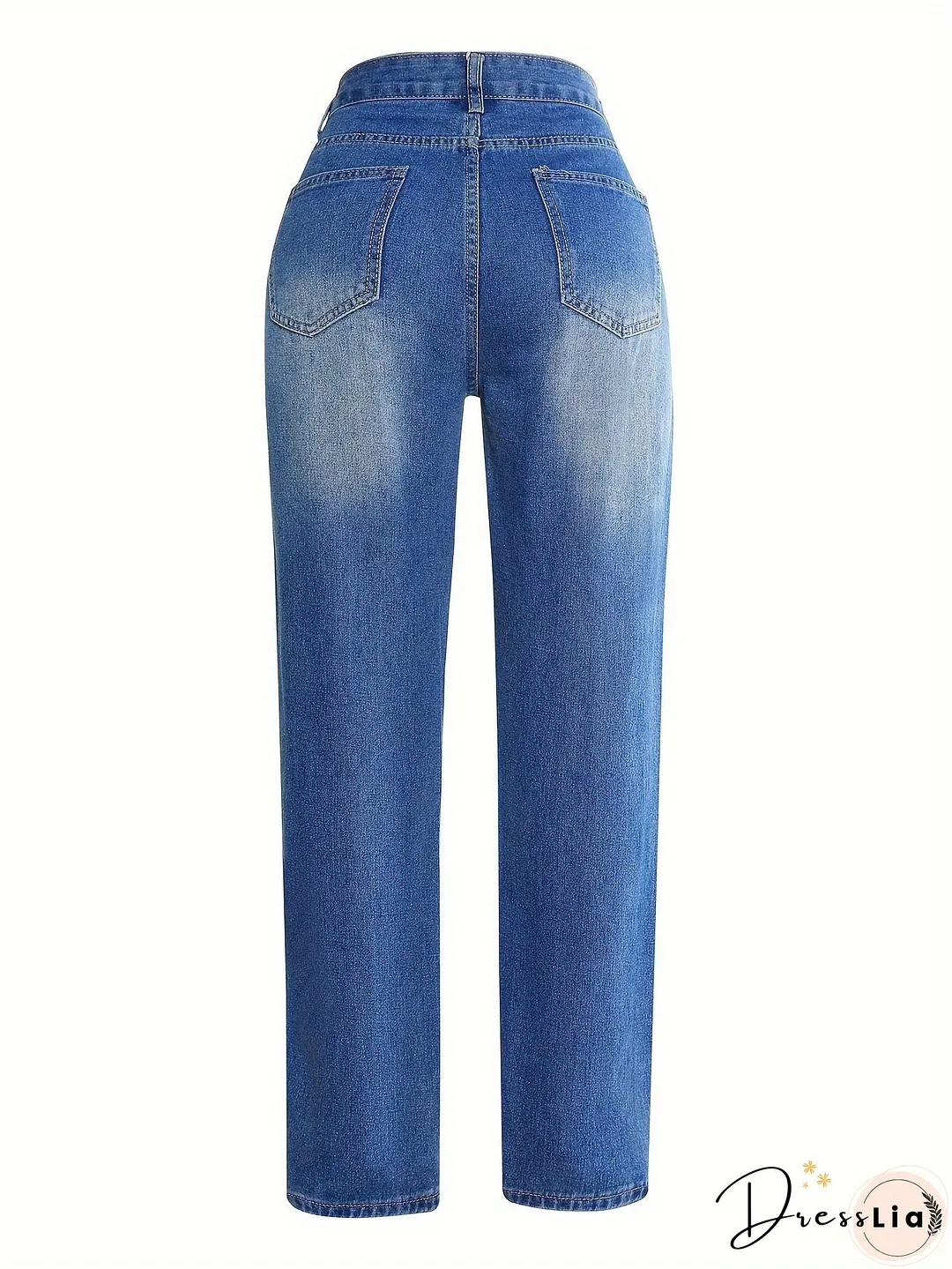 Blue Ripped Straight Jeans Slash Pockets High Waist Distressed Denim Pants Womens Clothing