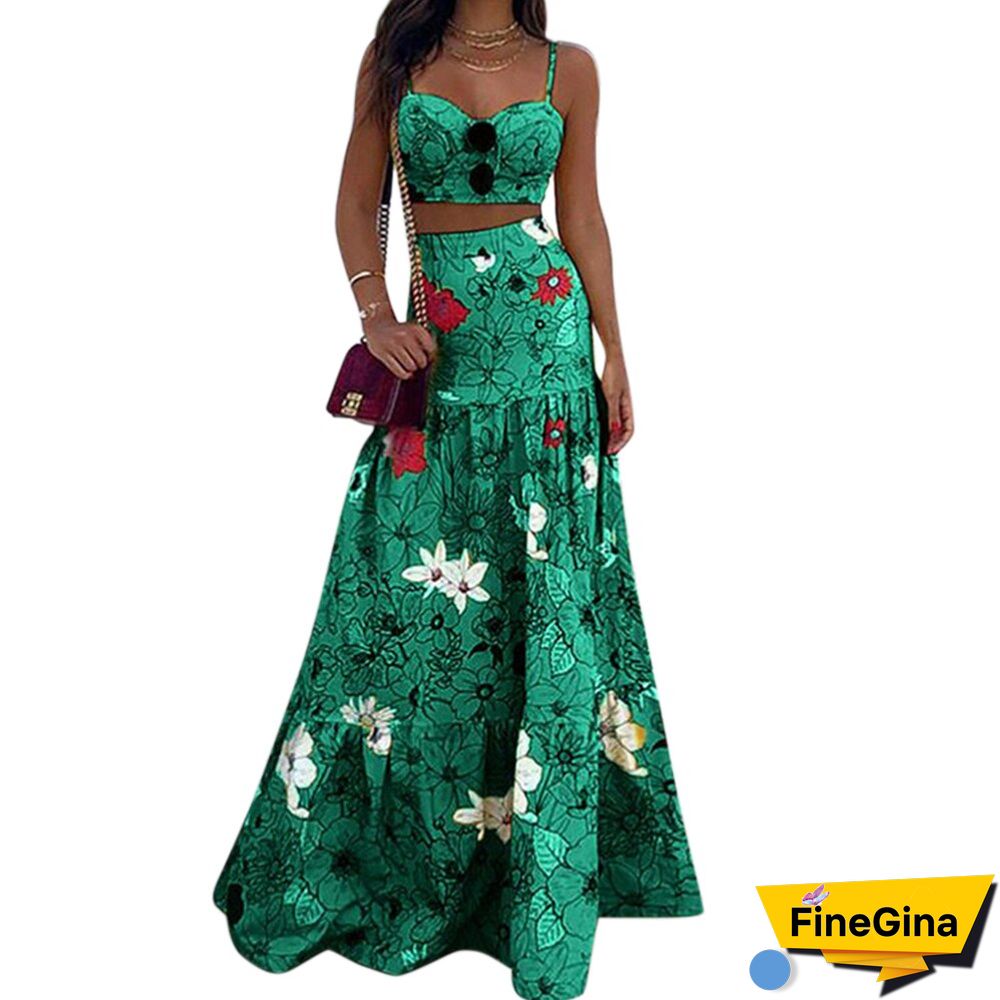 Women Summer Beach Dress 2Pcs Suit Floral Print Holiday Halter Crop Top Midi Dress Slim Waist Pleated Hem Dress Outfits D30