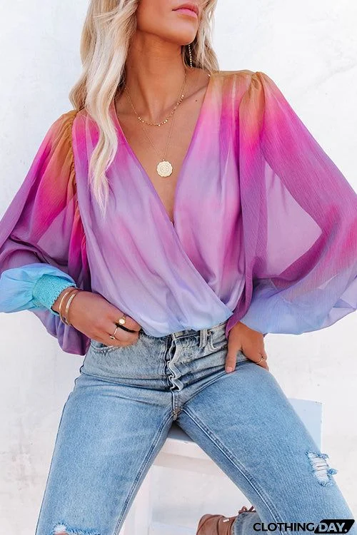 Ombre Rainbow Balloon Sleeve Blouse