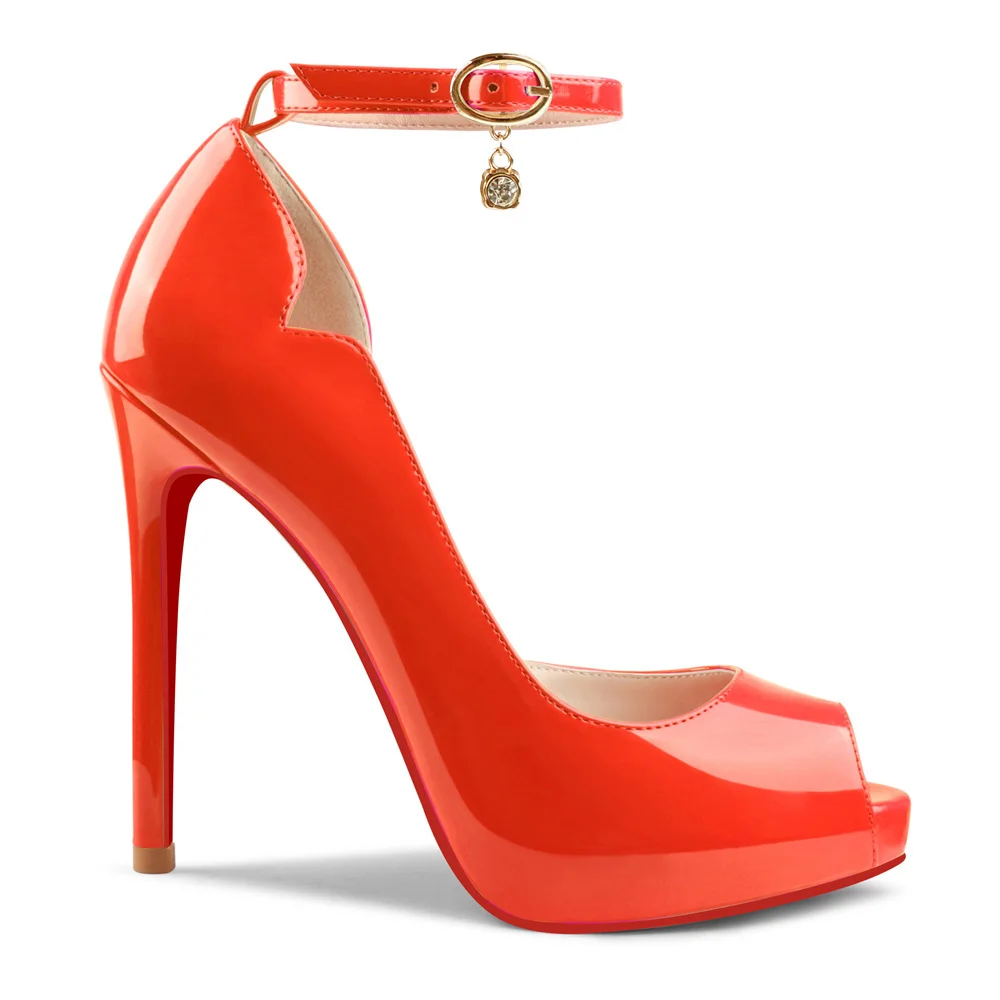 120mm Red Bottom Pendant Elastic Strap Slingback Sandals Peep Toe Platform Stilettos Patent Heels-MERUMOTE
