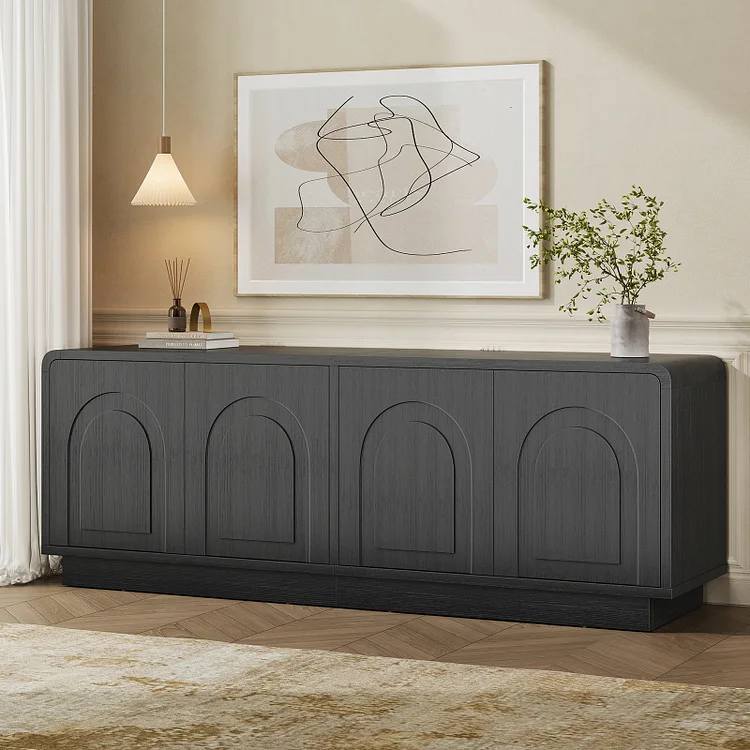 Bestier Mid-Century Modern TV Stand for TVs up to 70", Media Console Cabinet with 4 Arched Doors and Curved Corners, Entertainment Center with Adjustable Shelves and Cable Management