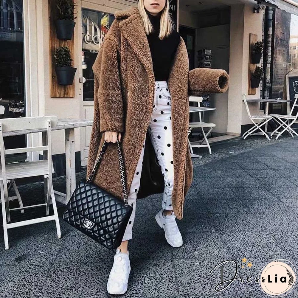 Long Faux Fur Camel Teddy Coat Maxi Jackets