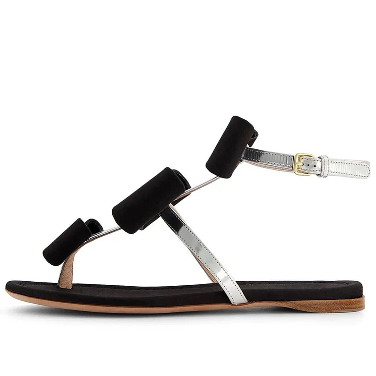 Black & Silver Flat Sandal Classic Open Toe Bow Shoes Summer Cute Ankle Strap Flats |FSJ Shoes