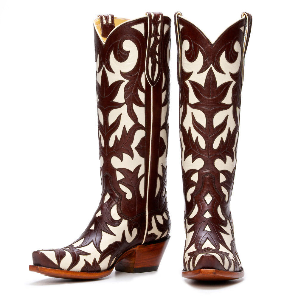 Brown & Ivory Decorative Inlay Mid-Calf Cowgirl Boots with Chunky Heel Nicepairs