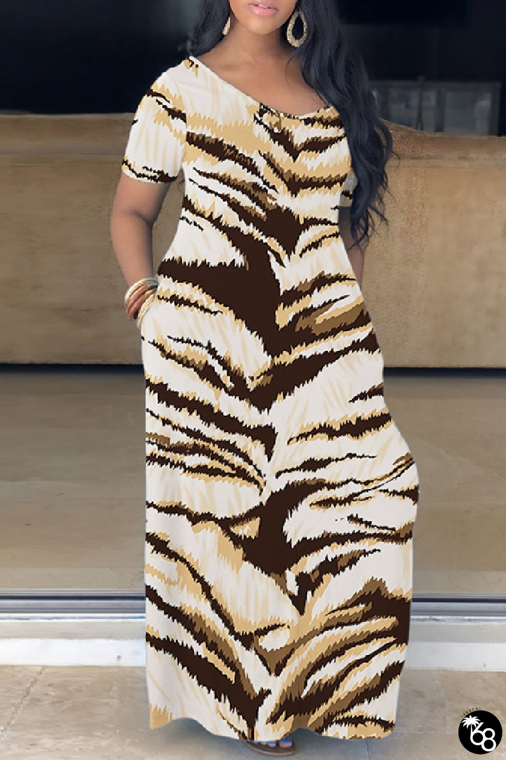 Casual Print Basic V Neck Long Plus Size Dresses | 168DEAL