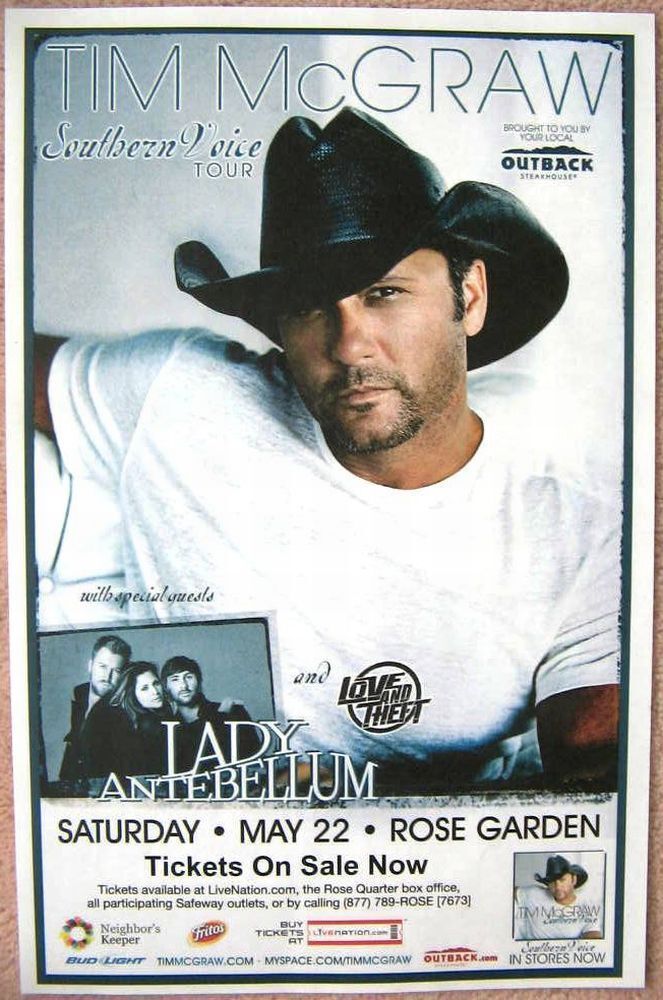 TIM McGRAW / LADY ANTEBELLUM 2010 Gig POSTER Portland Oregon Concert