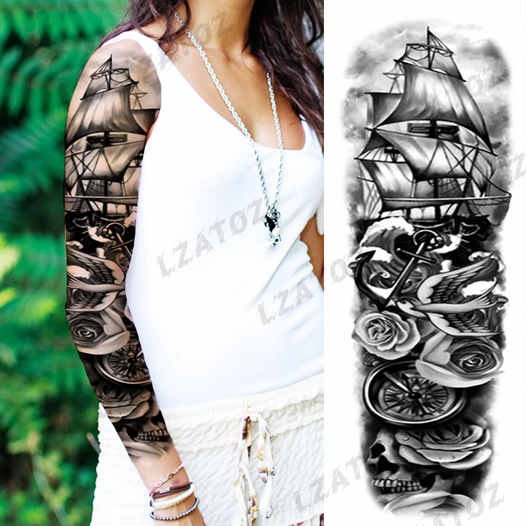 Sdrawing Sleeve Temporary Tattoos For Men Women Realistic Pirate Ship Wolf Tiger Skull Rose Flower Fake Tattoo Sticker Arm Tatoos