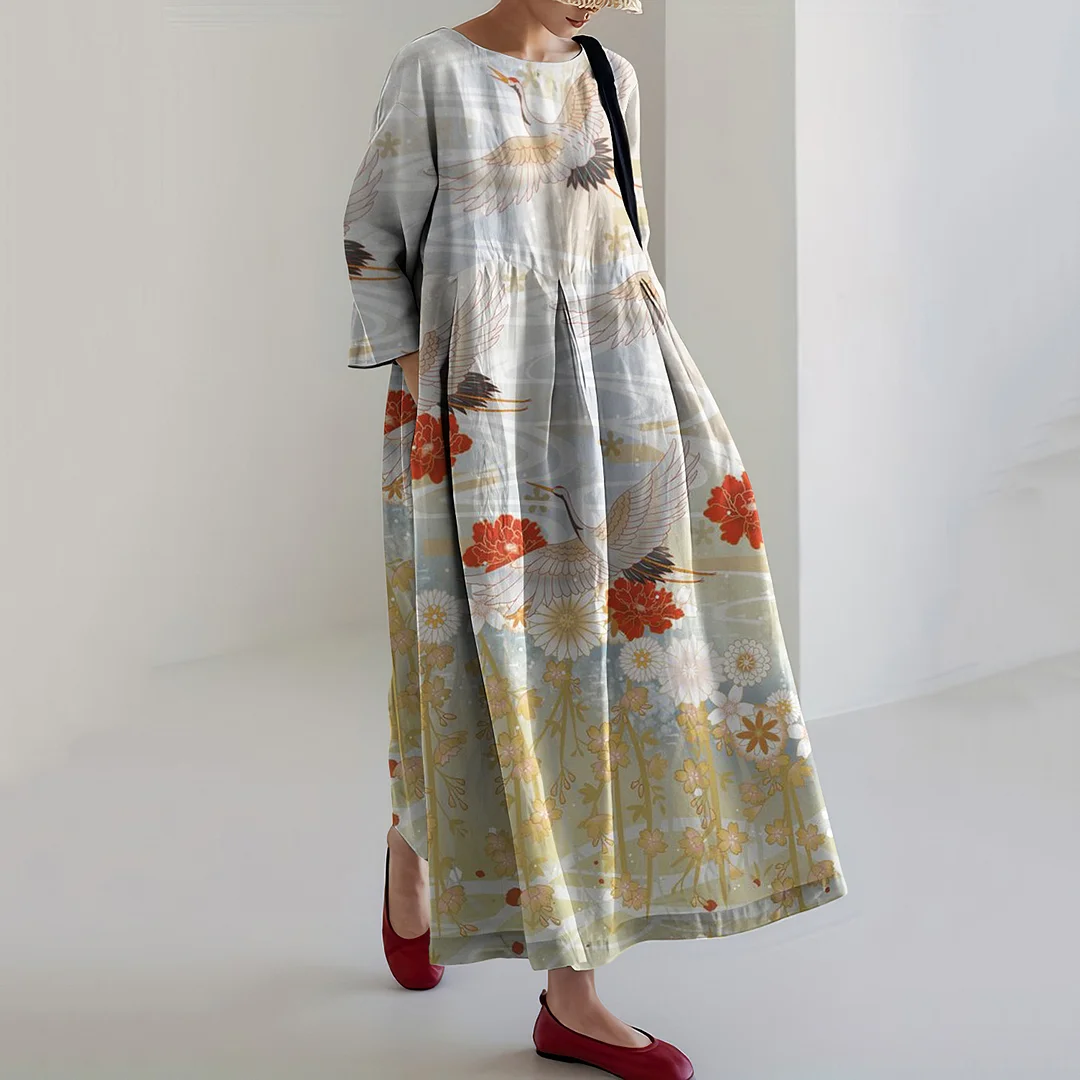 Women Japanese Art Crane Printed Casual Midi Dress