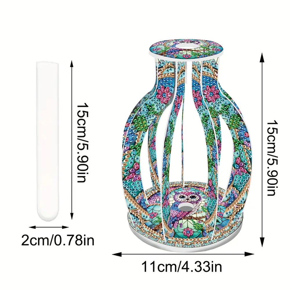 Acrylic Wood Owl 5D DIY Diamond Painting Flower Vase for Home Office Decoration