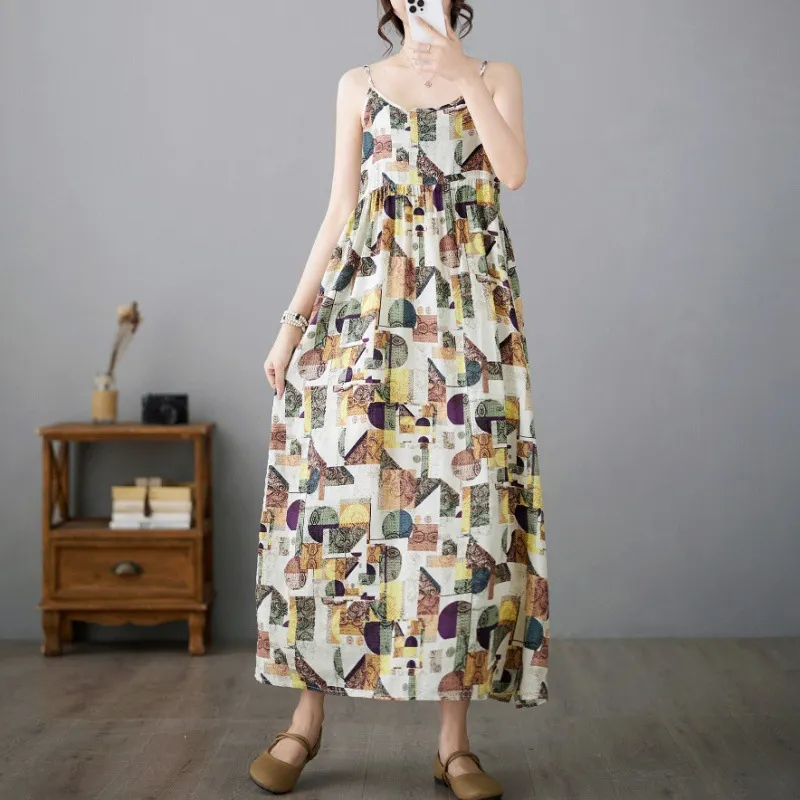 Brownm Brownm Summer Art And Leisure Swing Cotton Tample Long Print Beach Dress Women's Sleeveless Slings