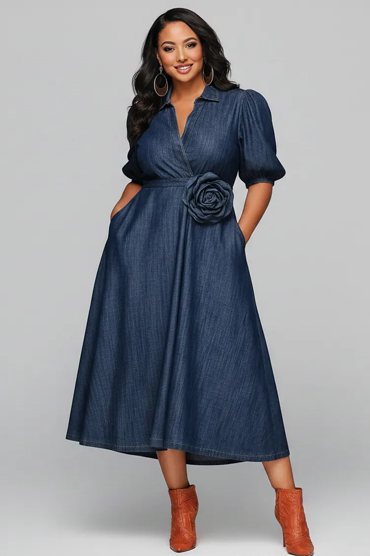 Xpluswear Design Plus Size Business Casual Blue Shirt Collar Short Sleeve Pocket 3D Tencel Denim Midi Dresses [Pre-Order] 2024 - Xpluswear