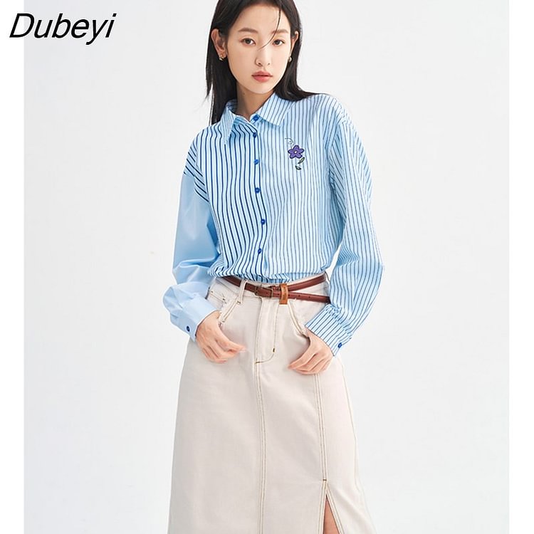 Dubeyi Women Shirts 2022 Winter Long Sleeve Polo Neck Loose Blouse Blue Stripes Embroidery Casual Streetwear Tops