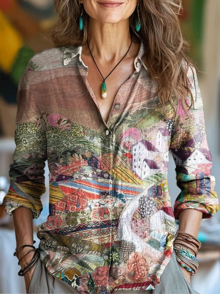 Women's Vintage Abstract Colorful Art Print Casual Cotton Shirt