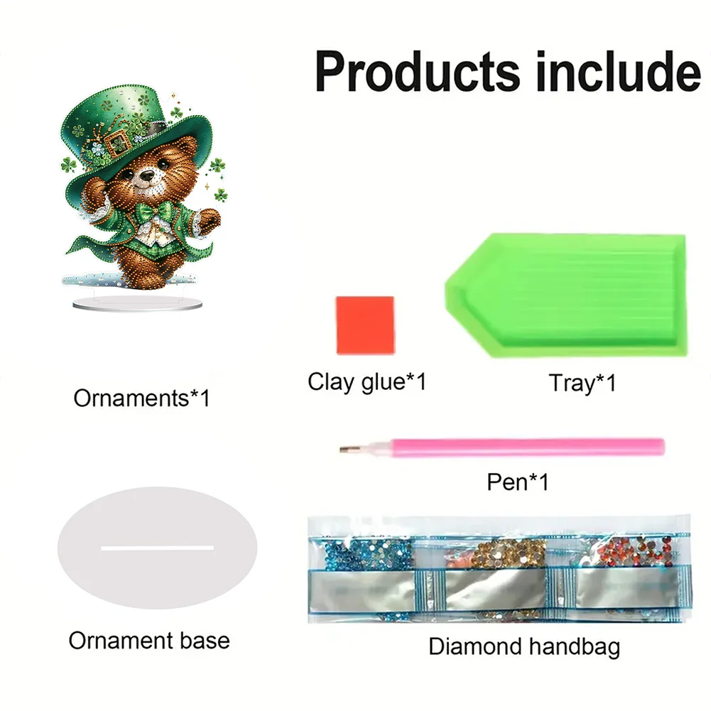 DIY Acrylic St. Patricks Day Bear Special Shape Diamond Painting Tabletop Ornament Creative Home Decor & Gift Idea for Adults - Relaxing Craft Activity