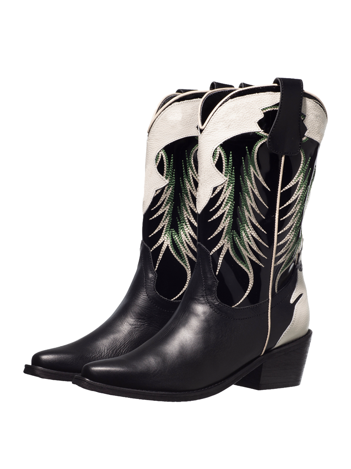 Taafo Black Snip-Toe Embroidery White Applique Wide Mid Calf Cowgirl Boots