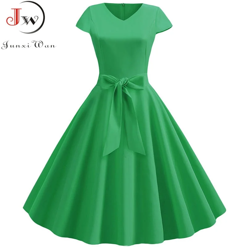 Yellow Solid Color Summer Dress Vintage Women Swing Rockabilly Dresses Robe Femme Elegant  Casual Party Midi Vestidos