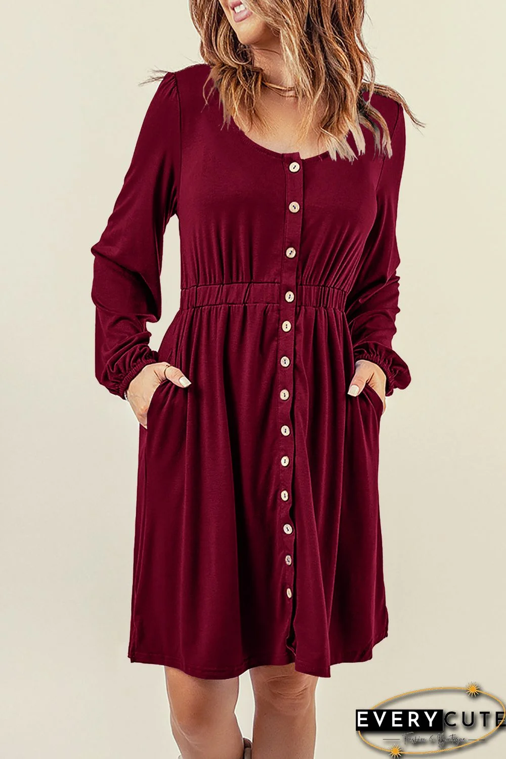 Wine Button Up High Waist Long Sleeve Dress