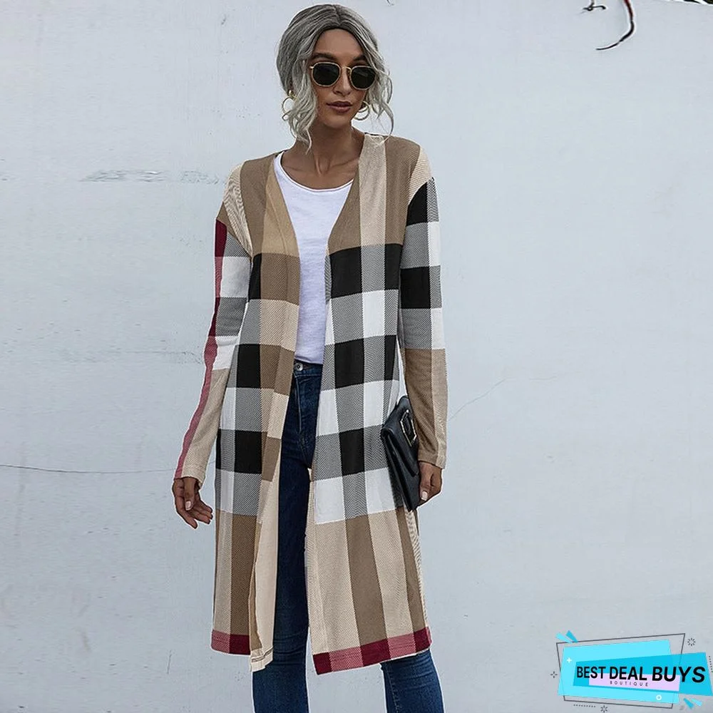 Autumn Women's Plaid Fashion Buttonless Straight Cardigan Coat Women