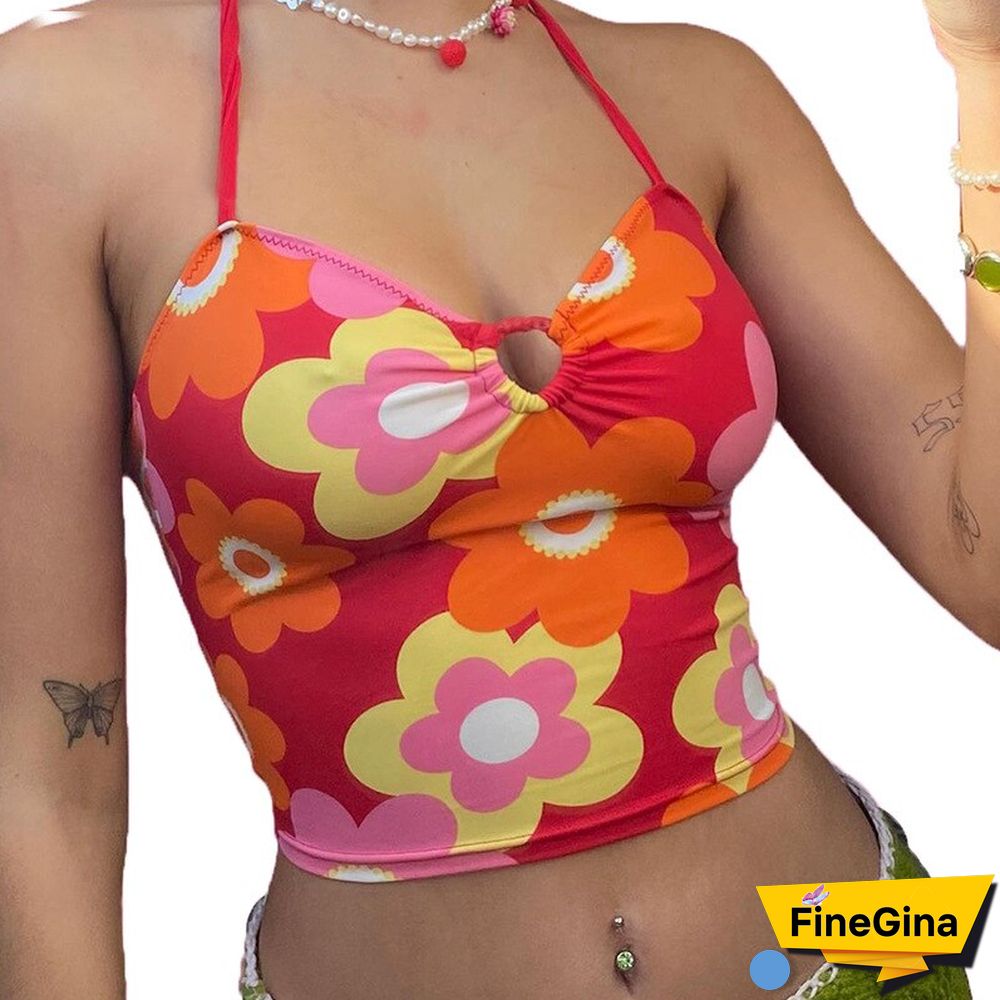 Flower Printing V-Neck Lace-Up Midriff Crop Tops Summer Women Casual Wild Home Clothing Streetwears