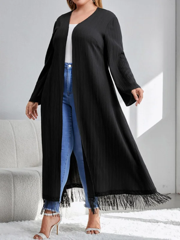 Solid Color Split-Joint Tasseled Long Sleeves Loose Collarless Outerwear