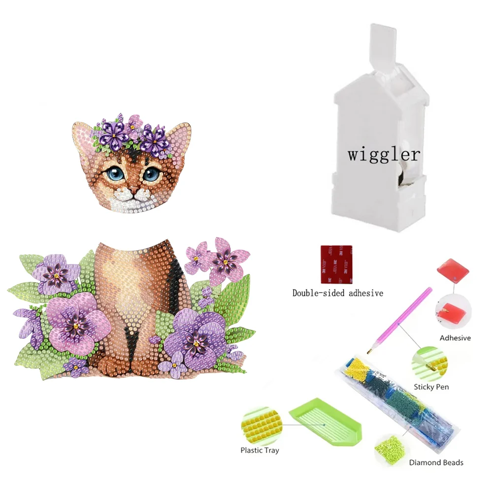2D Flat Cat DIY Shaking Head Cat Purple Flower Diamond Painting Desktop Decor