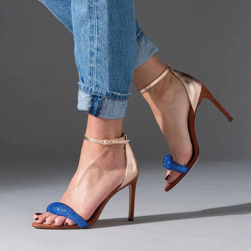 Blue & Gold Rhinestone Stiletto&nbsp;High Heel Ankle Strap Women Sandals