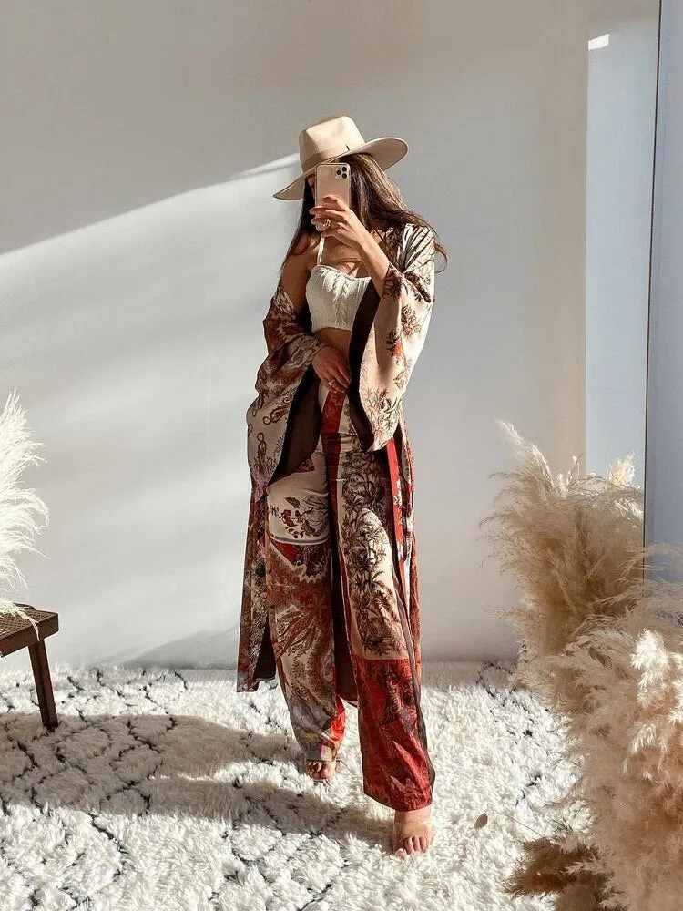 SLMD Vintage Chic Contrast Colors Patchwork Print Kimono Outfits With Sashes Women 2021 za Summer Fashion Elegant Thin Coat
