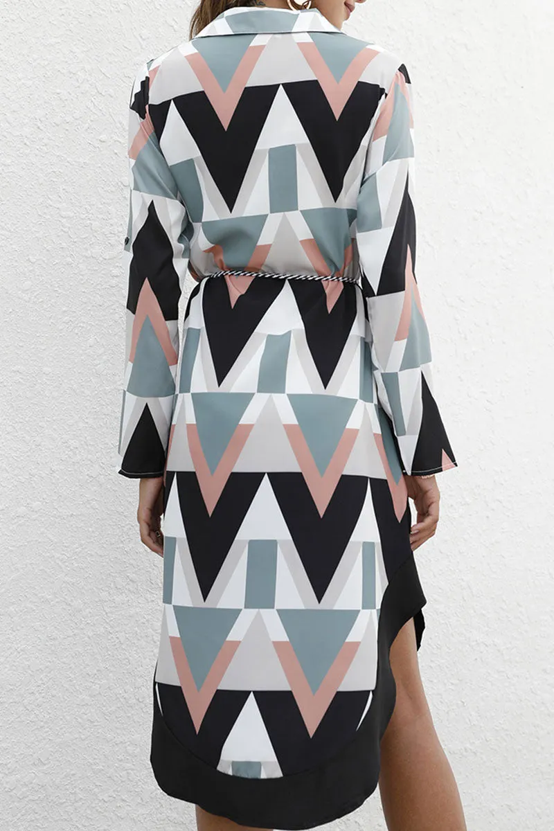 Fashion Street Print Split Joint Turndown Collar Irregular Dresses