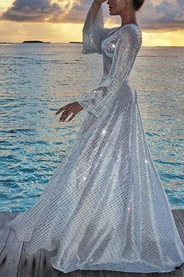 Sparkly Silver V-neck Prom Dress