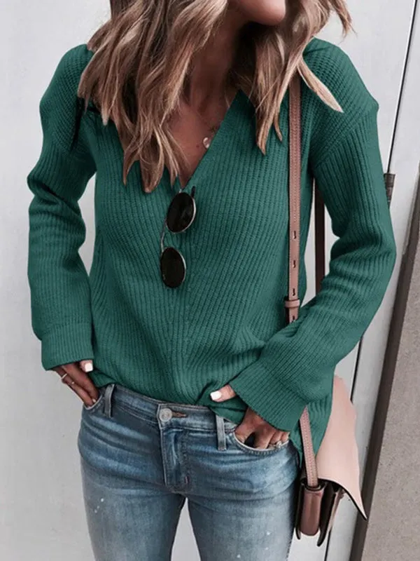 Women's Floral V-Neck Long Sleeve Tops Knit Sweater