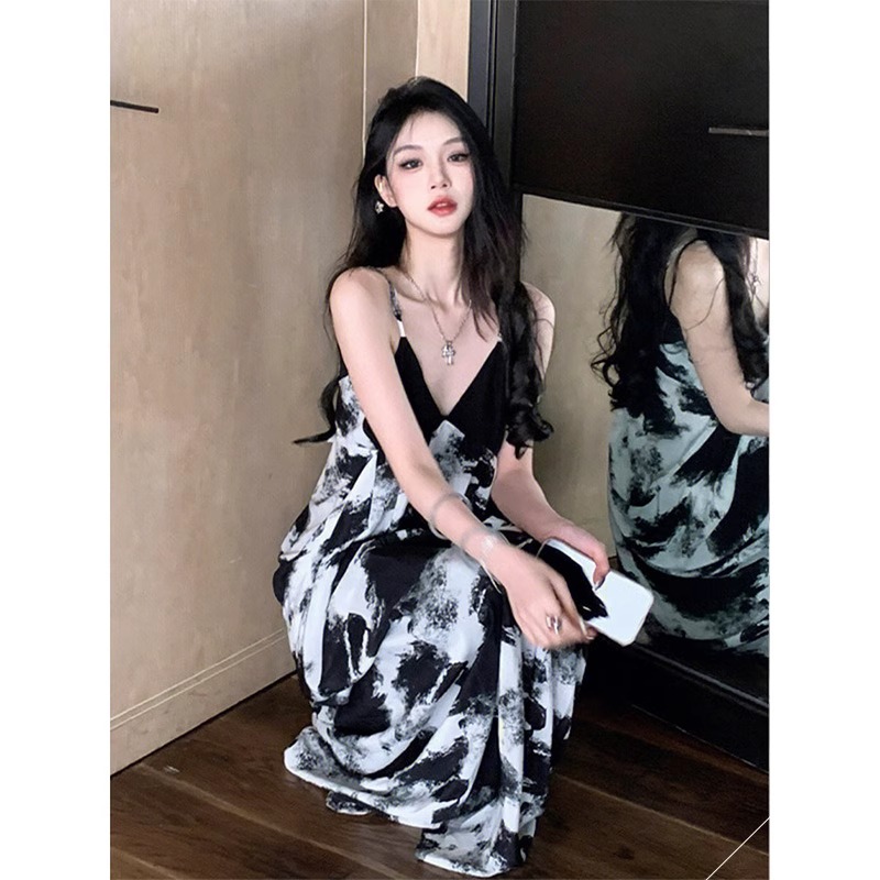 Spring Floral Print Maxi Dress Black Chiffon Strapless Tea Break Women's Summer New Sle High Waist A-Line Gown Korean Sle