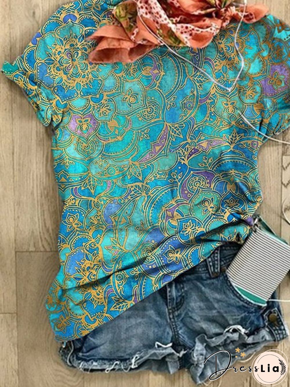 Printed Casual Crew Neck Tops