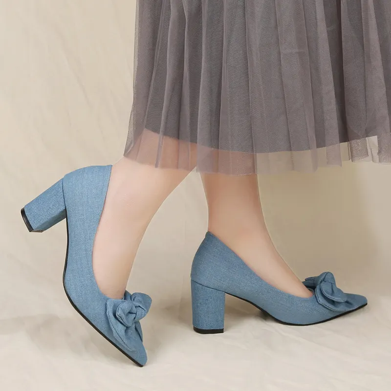 Breakj Breakj High Heels Ladies Fashion Single Shoes Coarse Heel Small Fragrant Wind New Bow Large Size Shoes 35-42