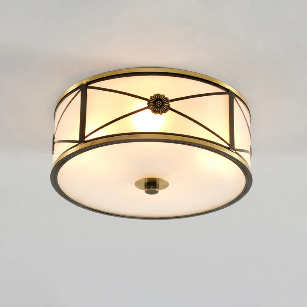 Frosted White Glass Flush Mount Ceiling Light For Bedroom - Traditional Drum Style / 14&rsquo;