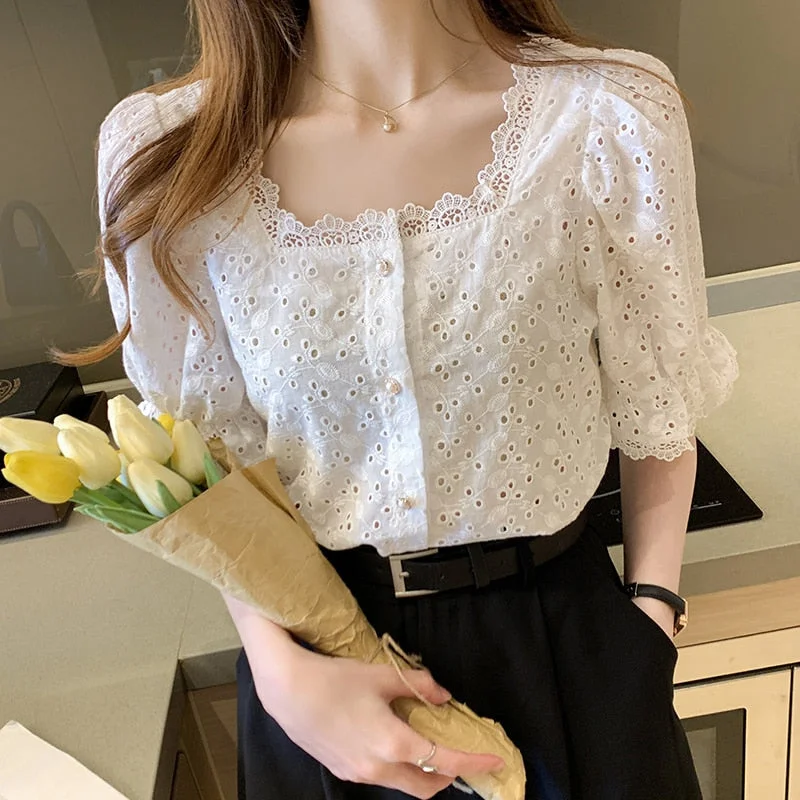Summer 2021 Shirt Korean Style Wild Lace Shirt Women Square Collar Short Sleeve Hollow Out Vintage Elegant Blouse Blusas 13934