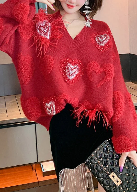 Beautiful Red V Neck Loving Heart Nail Bead Thick Knit Sweater Fall