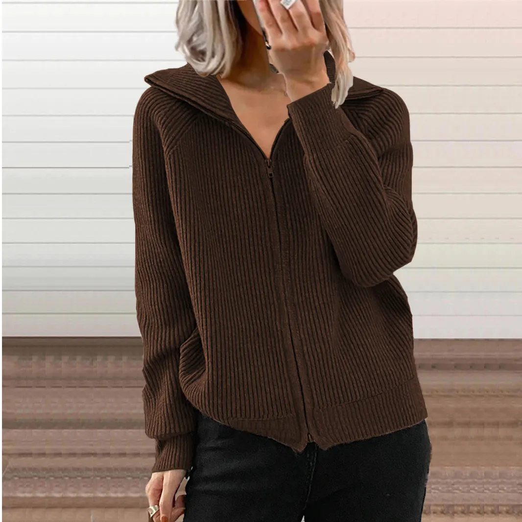 Churchf Churchf Winter New Striped Casual Coat Loose Sweater Zipper Cardigan Long Sleeve Lapel Sweater Woman