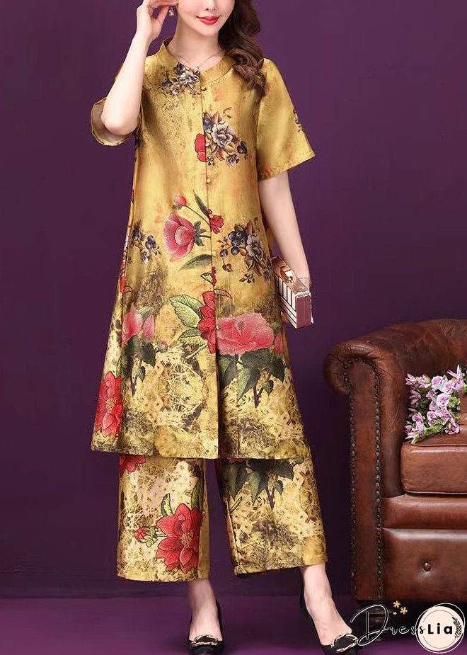 Yellow Stand Collar Pockets Floral Print Silk Two Pieces Set Short Sleeve