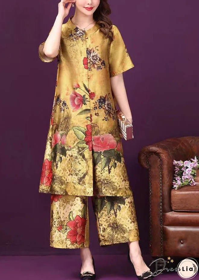 Yellow Stand Collar Pockets Floral Print Silk Two Pieces Set Short Sleeve