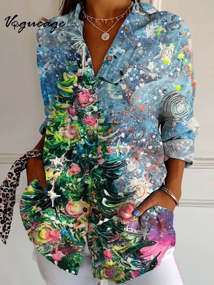 Christmas Tree Print Woman Cotton And Linen Shirt