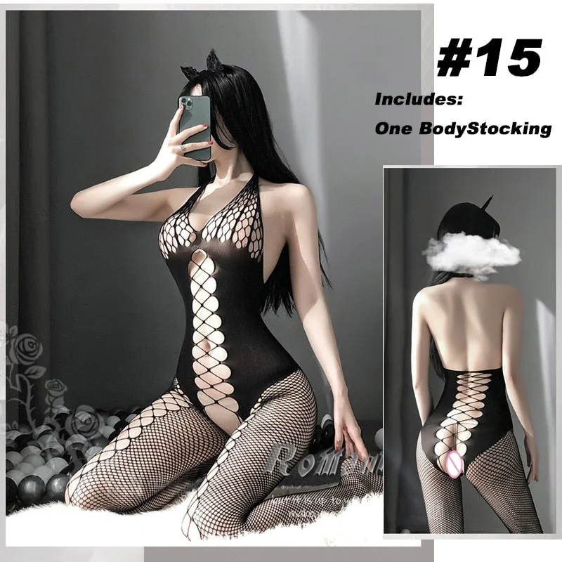 OJBK Sexy Lingerie 16 Types Teddies Fishnet Erotic Outfit Open Crotch Stretch Mesh Body Stockings Elasticity Underwear 2022 New