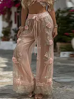 Women's Pink Roses Art Print Flowy Linen Blend Casual Pants