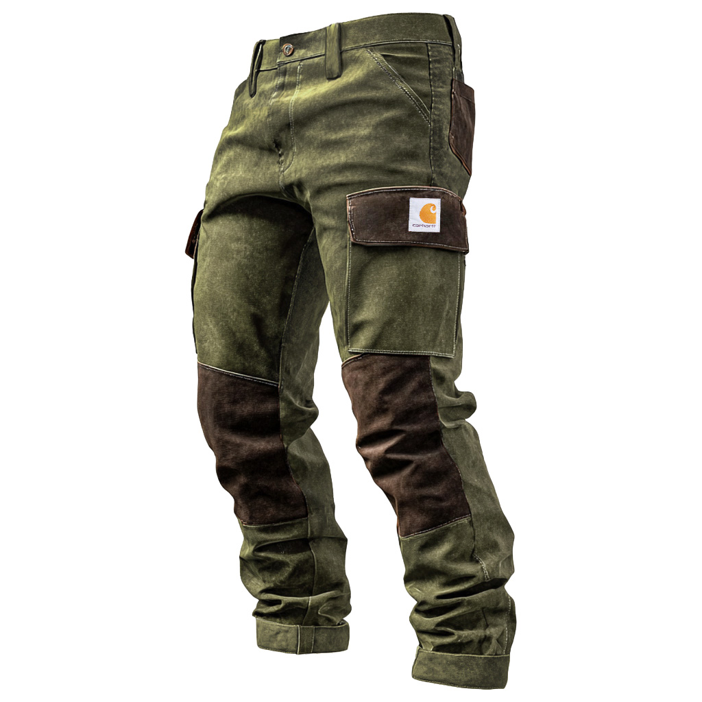 Men's Vintage Brown Suede Contrast Work Pants With Reinforced Knees