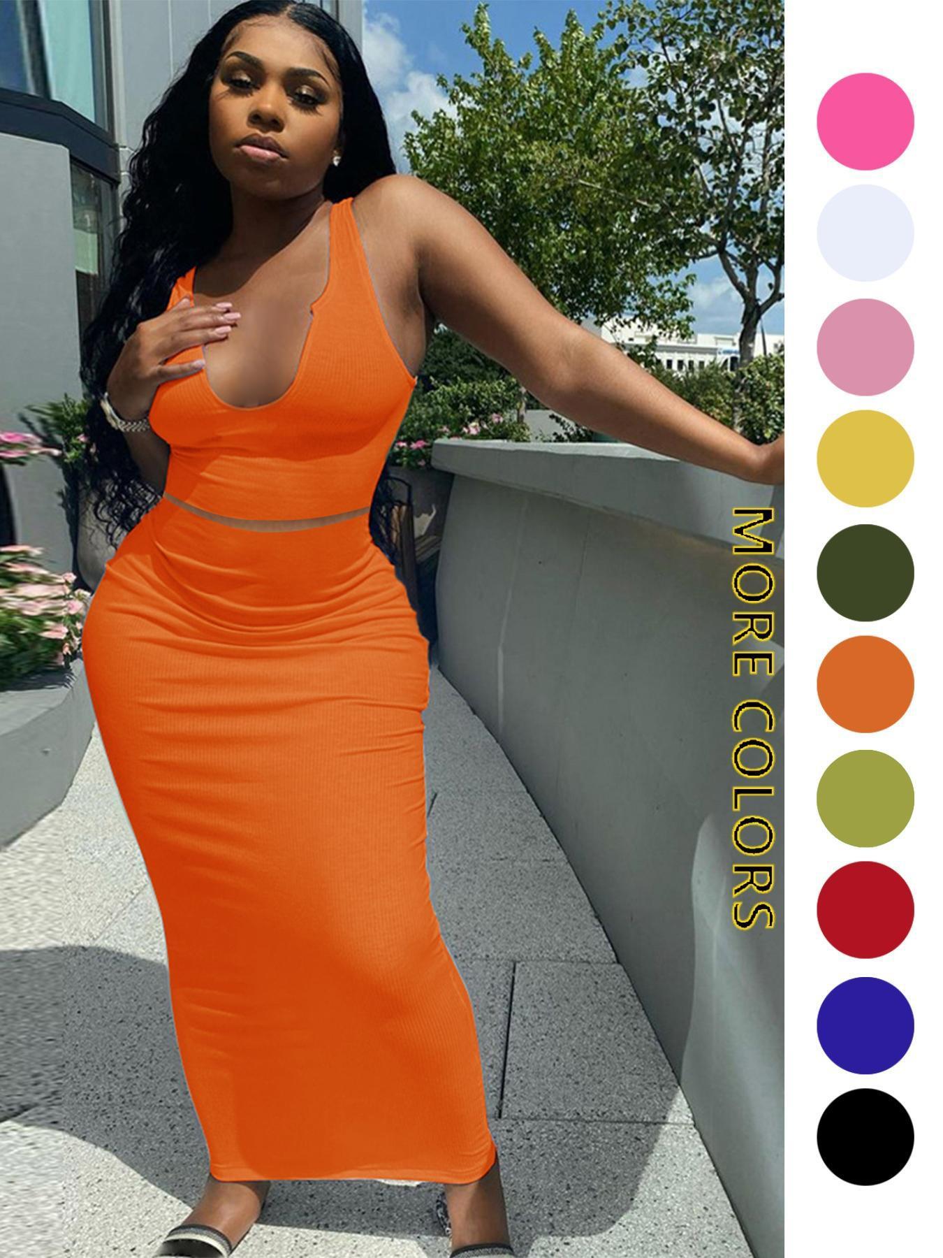 Two-piece Set Women's Solid Notched Neck Crop Tank Top & High Waist Bodycon Skirt Set, Casual Slim Sleeveless Top & Long Skirt, Ladies Summer Clothes for Daily Wear, Outfit Sets Women, Summer Outfits Set Two-piece Set Women's Solid Notched Neck Crop Tank Top & High Waist Bodycon Skirt Set, Casual Slim Sleeveless Top & Long Skirt, Ladies Summer Clothes for Daily Wear, Outfit Sets Women, Summer Outfits Set