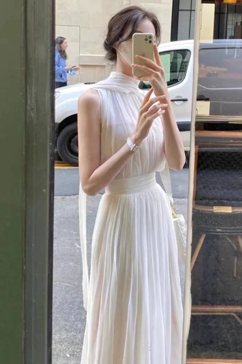 Abebey White Sleeveless Pleat Detail Spaghetti Strap Midi Dress