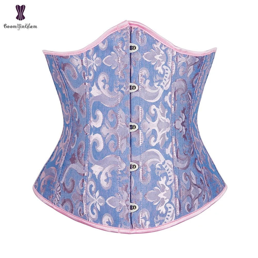 Jacquard Floral Underbust Corset Pink Blue Black White Coffee Lace Up Boned Waist Cincher Shaper Outfit