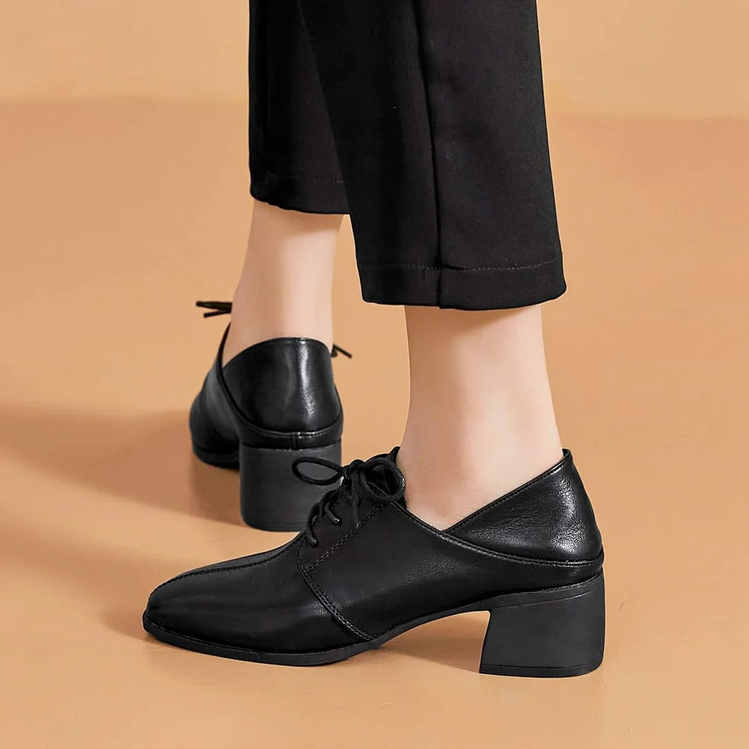 Casual Black Square Toe Block Heel Lace Up Women's Oxfords